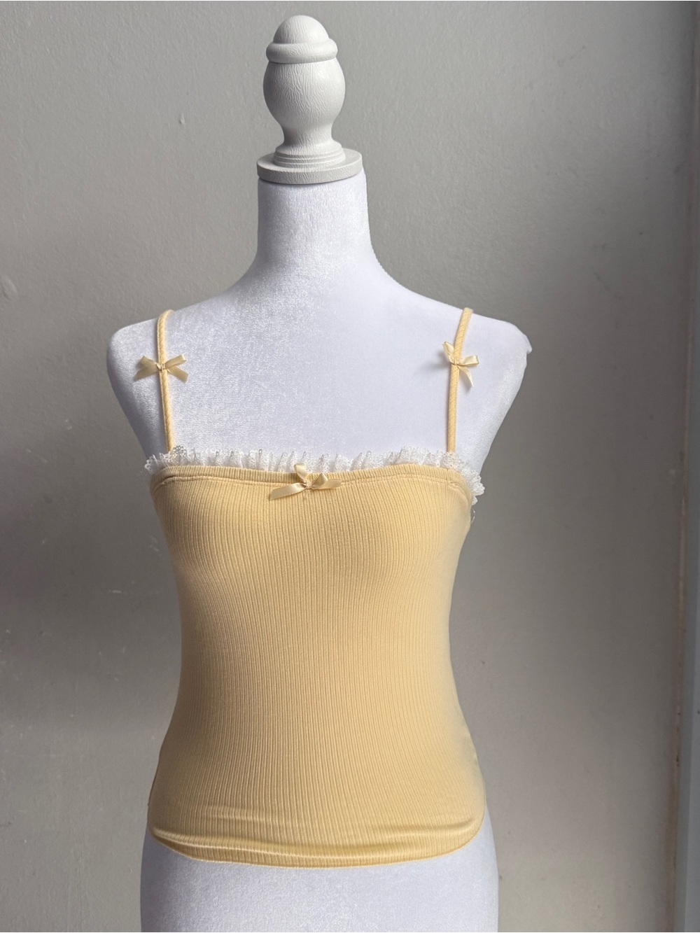 Yellow Ribbed Lace-Trim Cami Tank